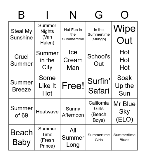 Trevor Elks 4/24/26 "Summer Songs" Bingo Card