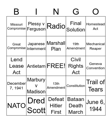 US History Exam Review # 2 Bingo Card