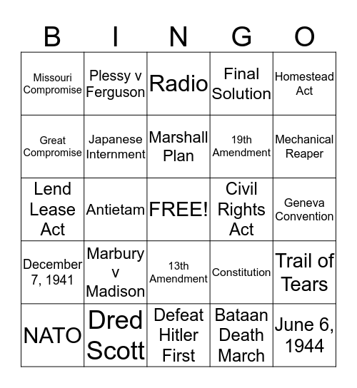 US History Exam Review # 2 Bingo Card