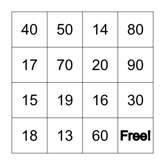 Number Bingo Card
