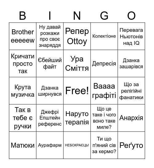 Ґачіакута Bingo Card
