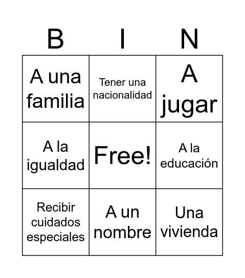 Bingo de los derechos Bingo Card
