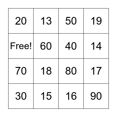 Number Bingo Card