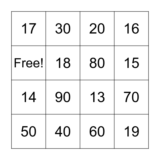 Number Bingo Card