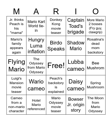 Super Mario Galaxy Movie Bingo Card