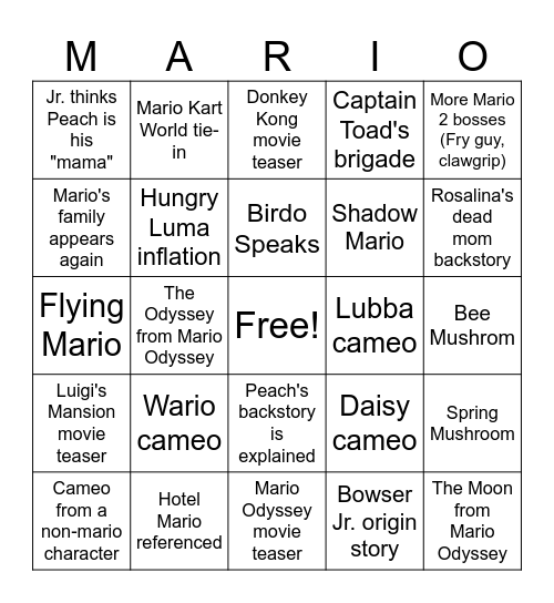 Super Mario Galaxy Movie Bingo Card