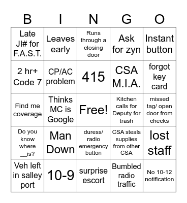 Main Control Bingo Card
