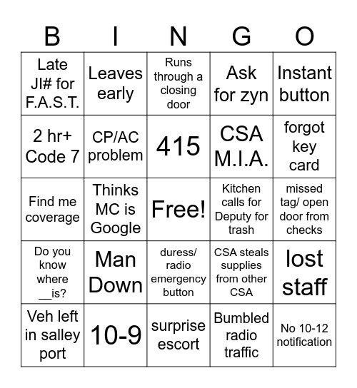 Main Control Bingo Card