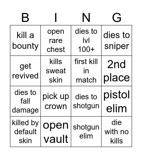 Fortnite Bingo Card