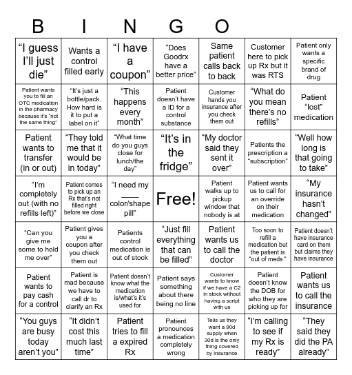 Pharmacy 3633 Bingo Card