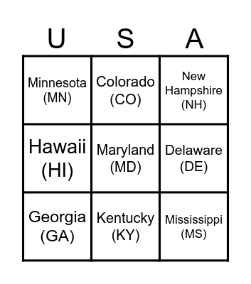 U.S. States Bingo Card
