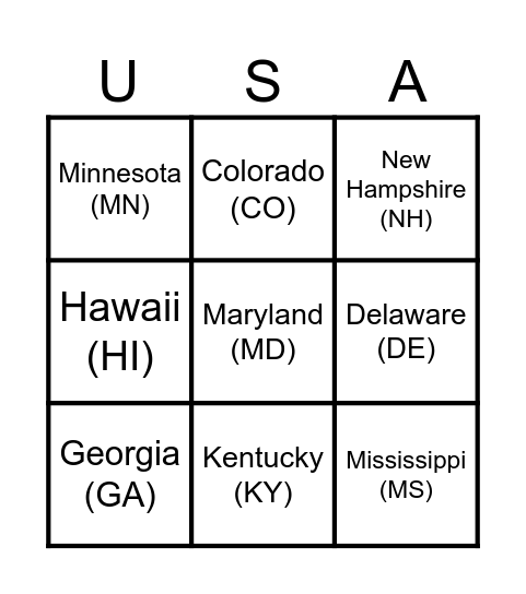 U.S. States Bingo Card
