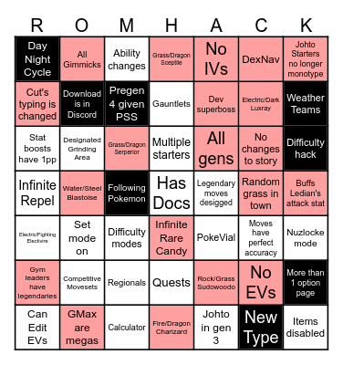 Pokemon ROMHACK Bingo Card