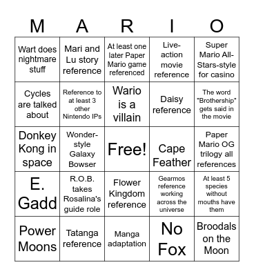 Mario Galaxy Bingo Card