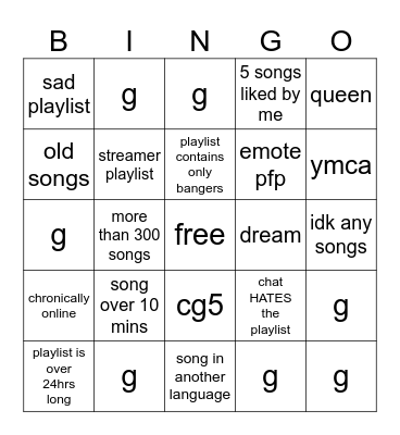 Spotify Playlist Bingo Card