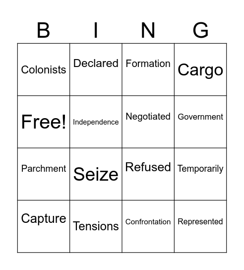 American Revolution Bingo Card