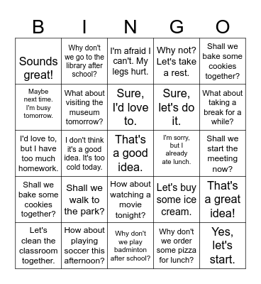Suggest and Answer Bingo Card