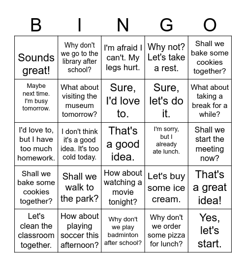 Suggest and Answer Bingo Card