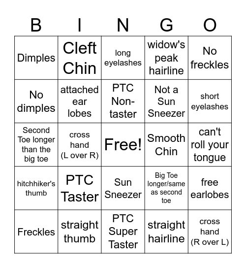 HUMAN TRAITS BINGO Card