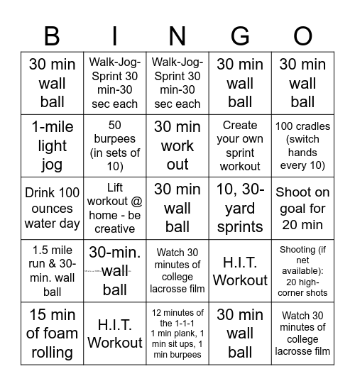 SJA Women's Lacrosse Bingo Card