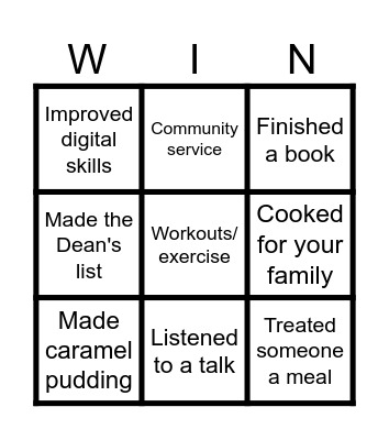 Activity during SEM BREAK Bingo Card