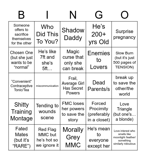 Beautifully Defiant Romantasy “Tropes” Bingo Card