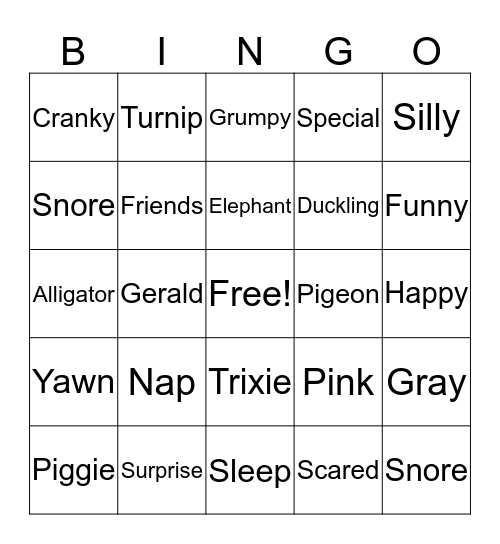 Elephant and Piggie Bingo  Bingo Card