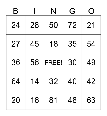 Multiplication Bingo Card