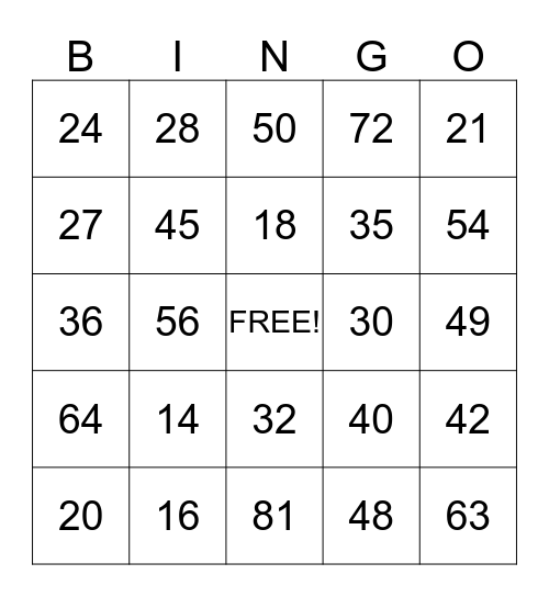 Multiplication Bingo Card
