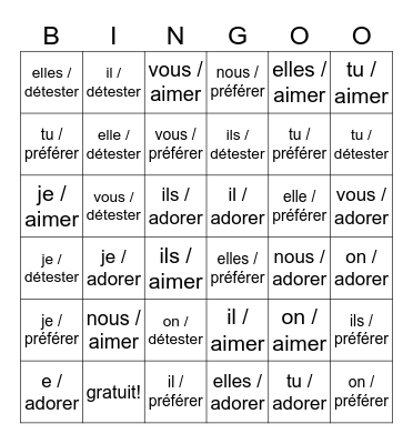 -er verbs Bingo Card
