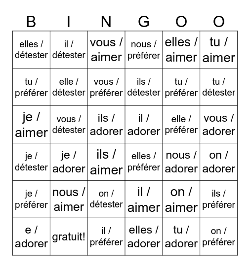 -er verbs Bingo Card