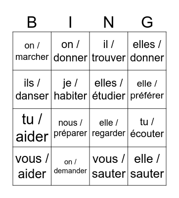 -er verbs Bingo Card