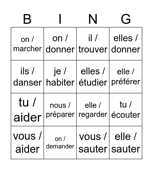 -er verbs Bingo Card