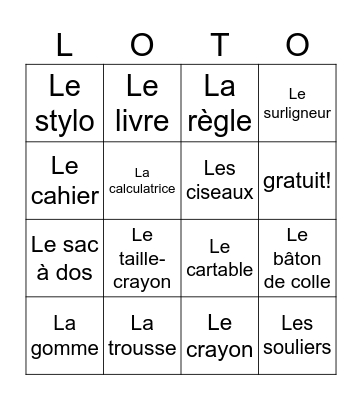 5e - sem. 1: school supplies Bingo Card