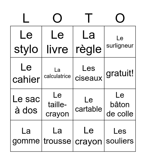 5e - sem. 1: school supplies Bingo Card