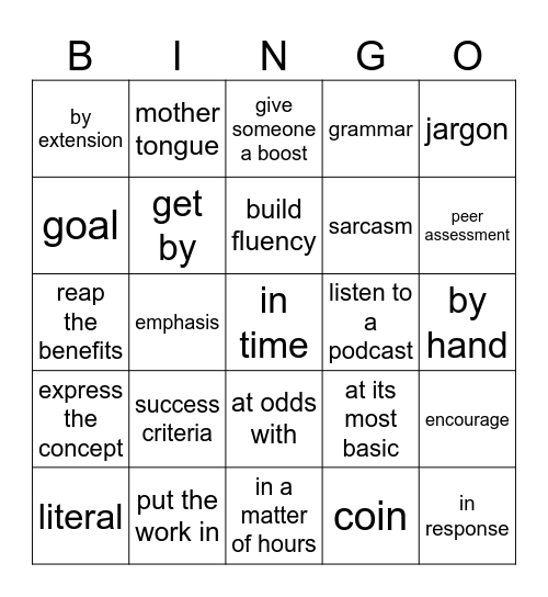 Vocabulary Bingo Card