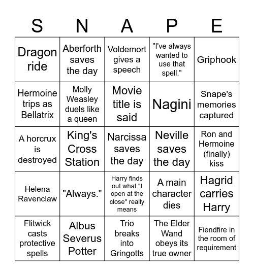 Deathly Hallows 2 Bingo Card