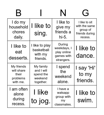 Frienship BINGO Card