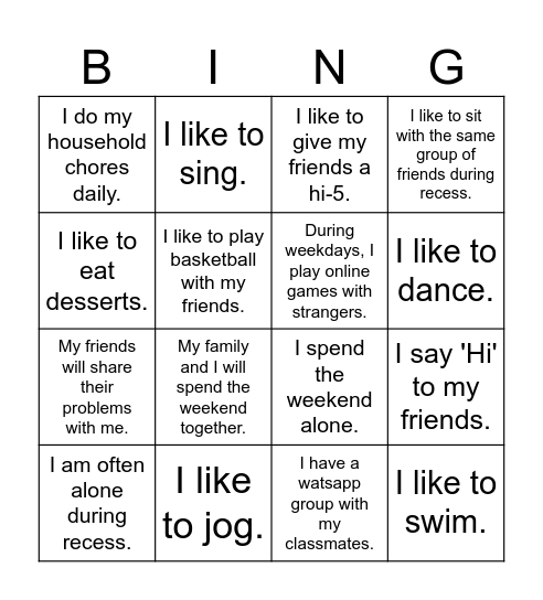 Frienship BINGO Card