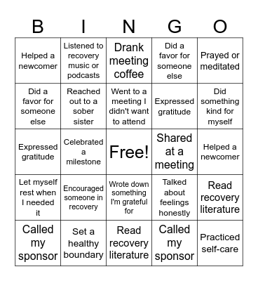Sober Sisters in Recovery Bingo Card