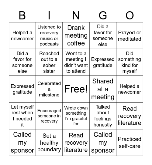 Sober Sisters in Recovery Bingo Card