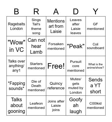 Brady 3/10/2026 Bingo Card