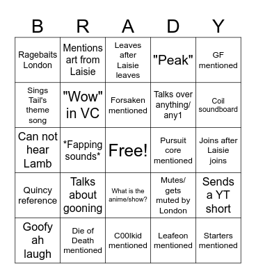 Brady 3/10/2026 Bingo Card