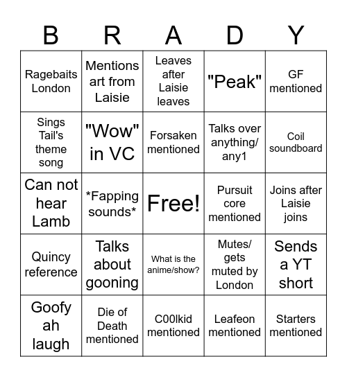 Brady 3/10/2026 Bingo Card