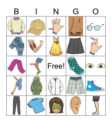 Clothes and Body Parts Bingo Card