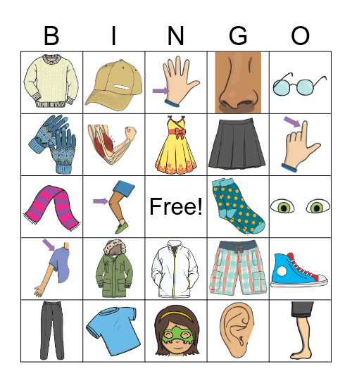 Clothes and Body Parts Bingo Card