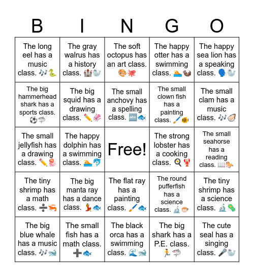 B6 L4 Easy Sea Animal Version Bingo Card