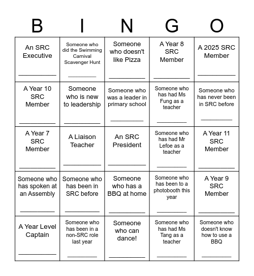 SRC Human Bingo! Bingo Card