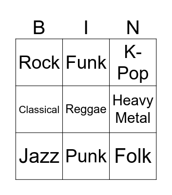 Music Genres Bingo Card
