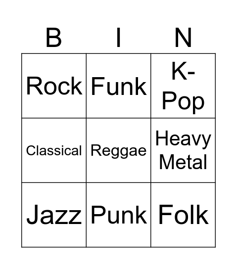Music Genres Bingo Card